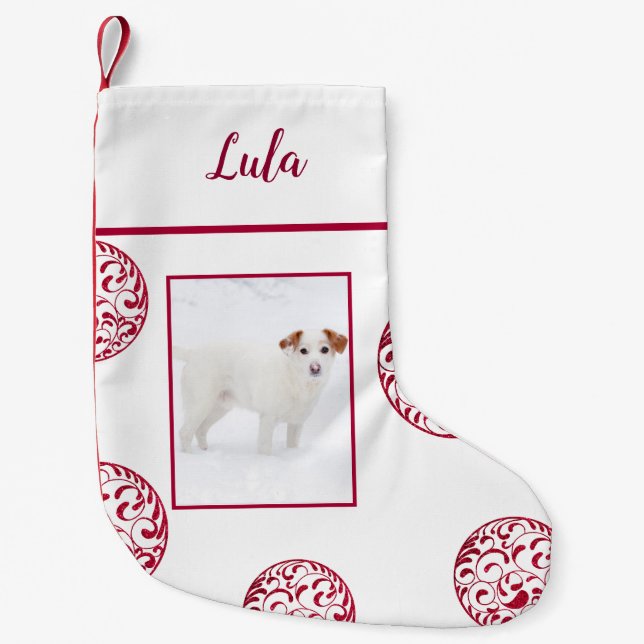 Photo White Burgundy Ornaments Personalized Small Christmas Stocking (Front)