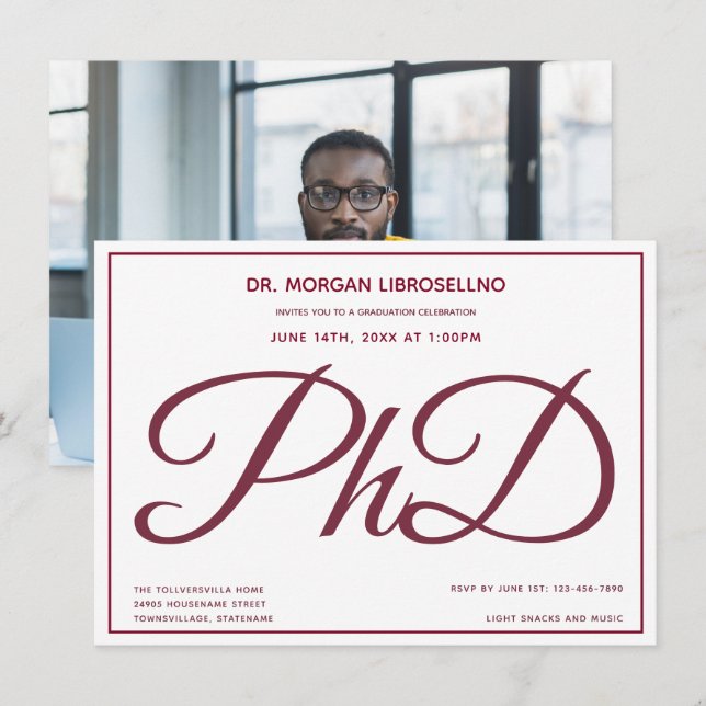 Photo White Burgundy PhD Graduation Party Invitation (Front/Back)