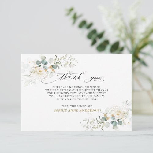 Photo White Floral Greenery Gold In Loving Memory  Thank You Card