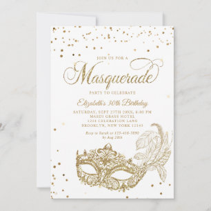 Photo White Gold Glitter Masquerade Birthday Invitation