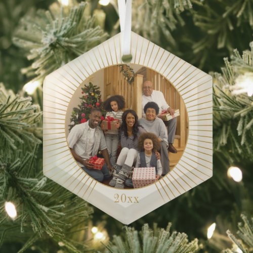 Photo White Gold Line Family Christmas Glass Ornament