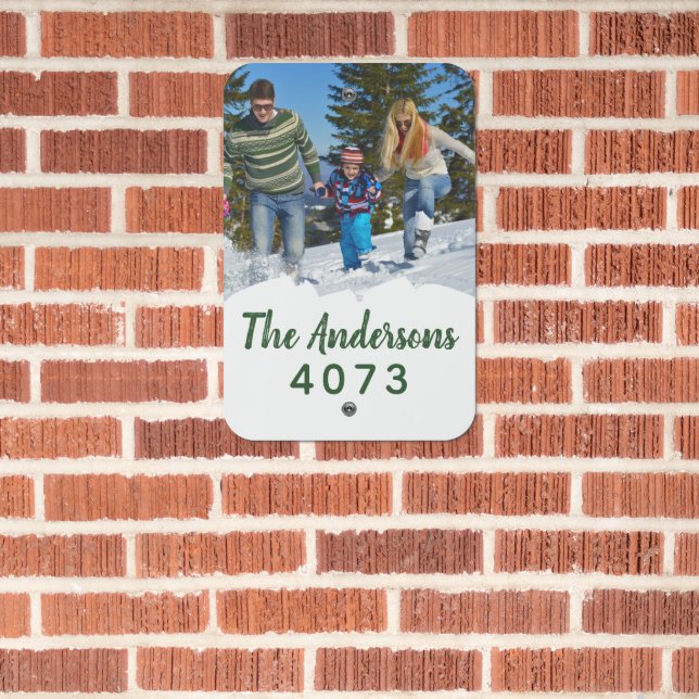 Photo White Green House Number Address Metal Sign (In Situ(Brick))