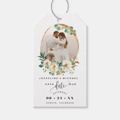 Photo White Mustard Floral Wedding Save the Date Gift Tags