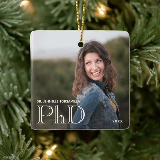 Photo White Words PhD Degree Name Year Graduation Ceramic Ornament (Tree)