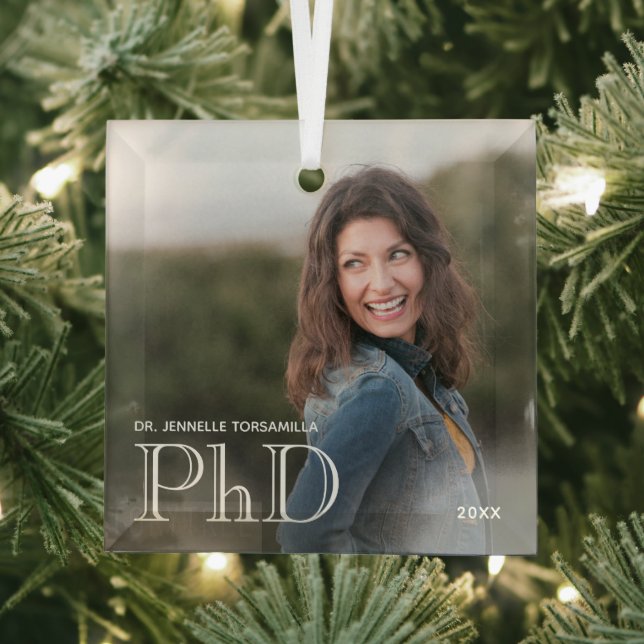 Photo White Words PhD Graduation Glass Ornament (Insitu)