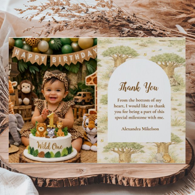 Photo Wild One Neutral Safari First Birthday Thank You Card (Creator Uploaded)
