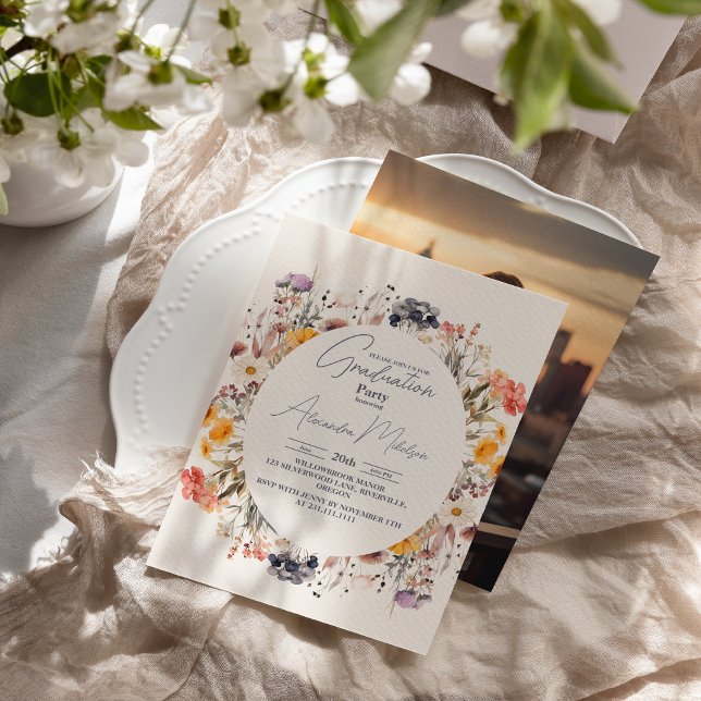 Photo Wildflower Garden Wreath Greenery Graduation Invitation (Creator Uploaded)