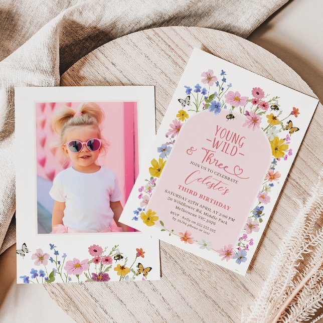 Photo Wildflower Young Wild Three 3rd Birthday  Invitation (Young Wild and Three Wildflower 3rd Birthday Invitation, Young Wild and Three Invitation Wildflowers)