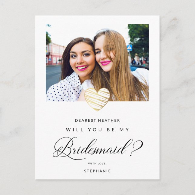 Photo Will You Be My Bridesmaid White Heart Postcard (Front)