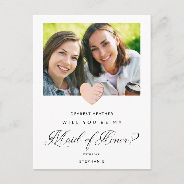 Photo Will You Be My Maid of Honor Pink Heart Postcard (Front)