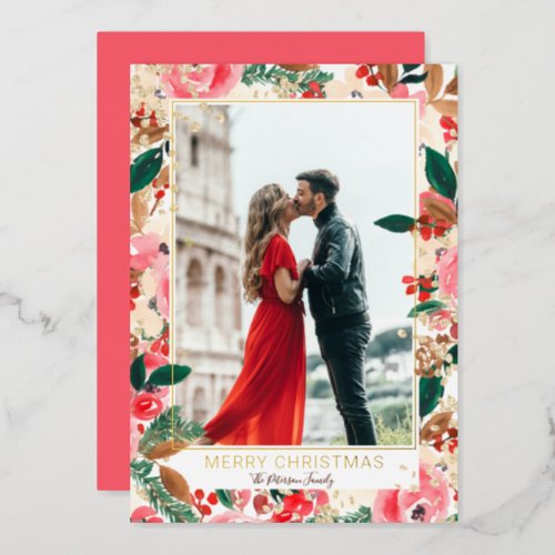 Photo Winter Merry Christmas floral Watercolor  Foil Holiday Card