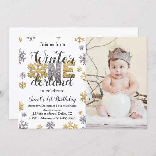 Photo Winter ONEderland Birthday Invitation Gold