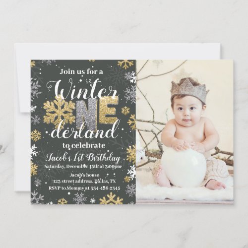 Photo Winter Onederland Birthday Invitation Gold