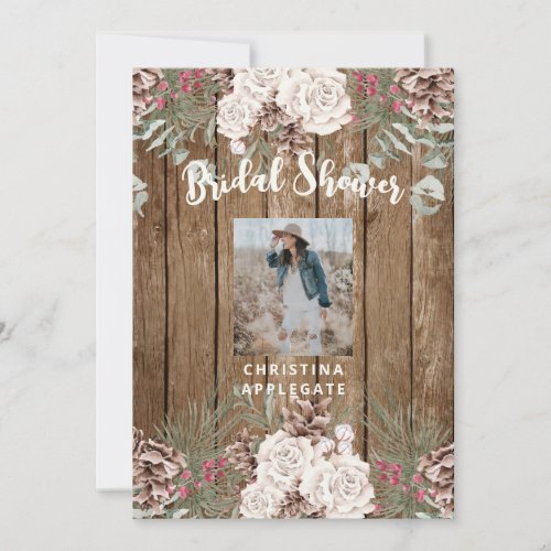 Photo Winter Pine Cone Rustic Bridal Shower Invitation