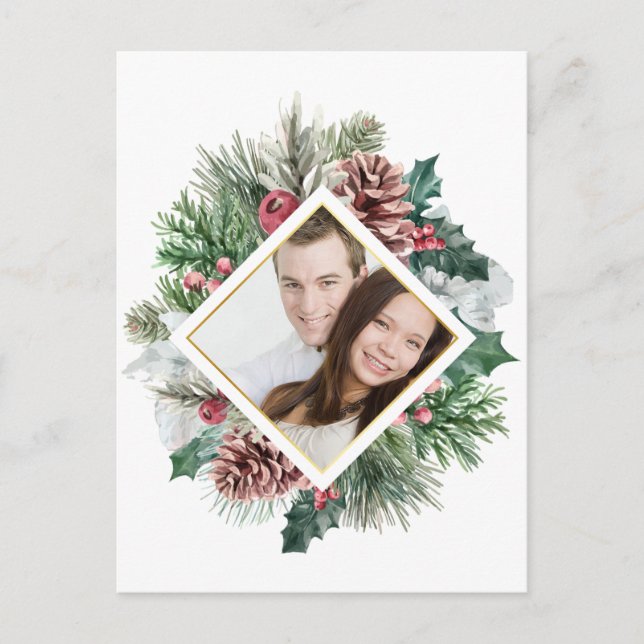 Photo Winter Pinecones and Holly Save the Date Postcard (Front)