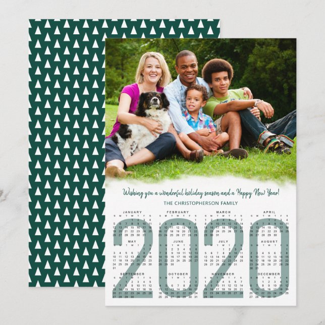 Photo with 2020 Calendar Evergreen New Year Holiday Card (Front/Back)