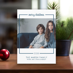 Photo with Border Minimal Merry Christmas blue Holiday Card