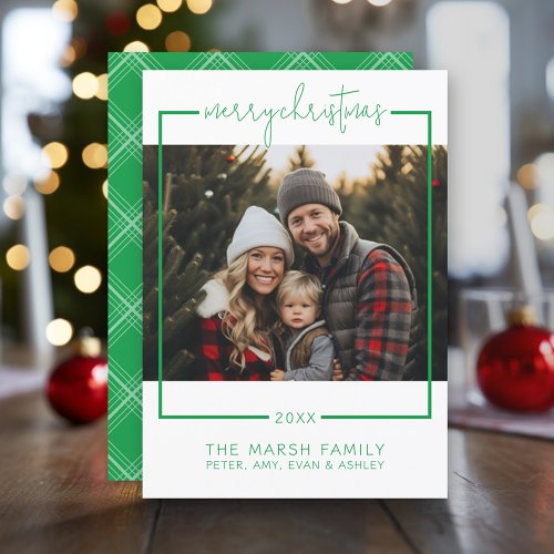 Photo with Border Minimal Merry Christmas green Holiday Card