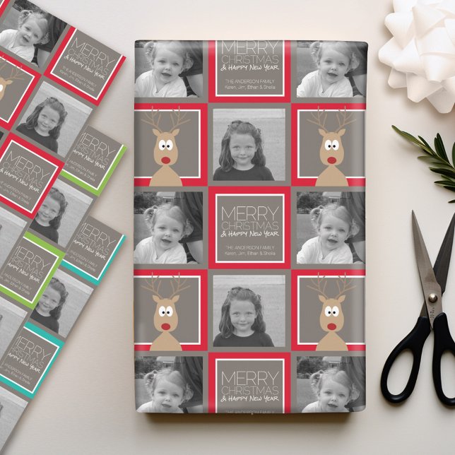 Photo with Cartoon Reindeer with Merry Christmas Wrapping Paper Sheets (Personalized Photo Wrapping Paper)
