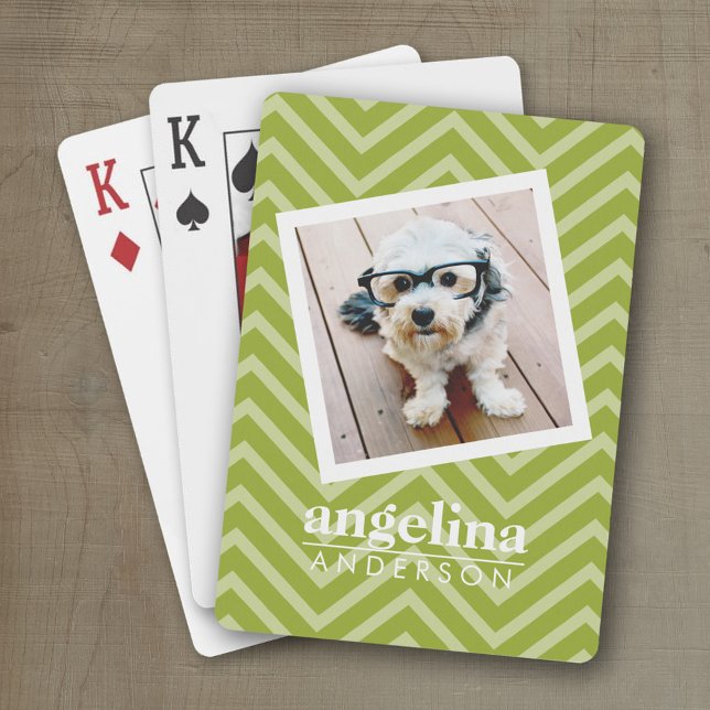 Photo with Chevron Pattern and Custom Name Poker Cards (Personalized playing cards)
