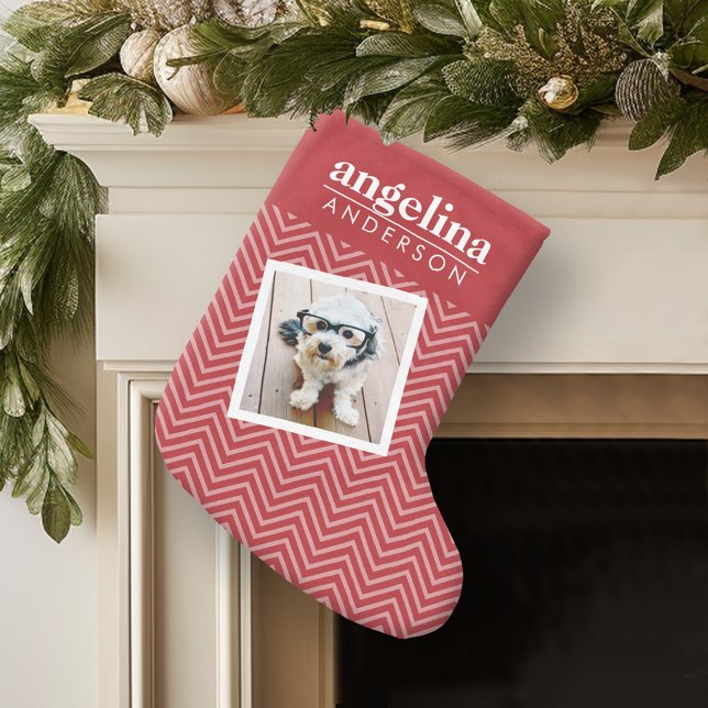 Photo with Chevron Pattern and Custom Name Small Christmas Stocking (Personalized Christmas Stocking)
