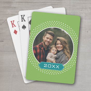 Photo With Custom Year - Lime Polka Dot Frame Playing Cards by JustChristmas at Zazzle