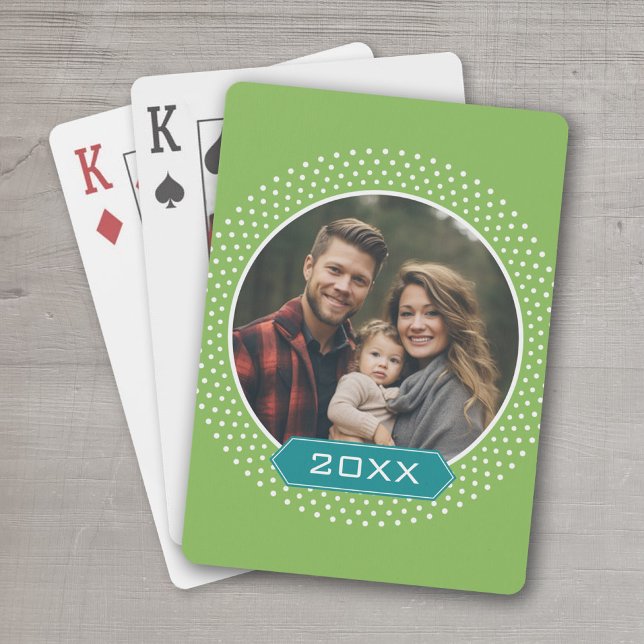 Photo with Custom Year - Lime Polka Dot Frame Poker Cards (Add a photo and the year to this set of personalized playing cards.)