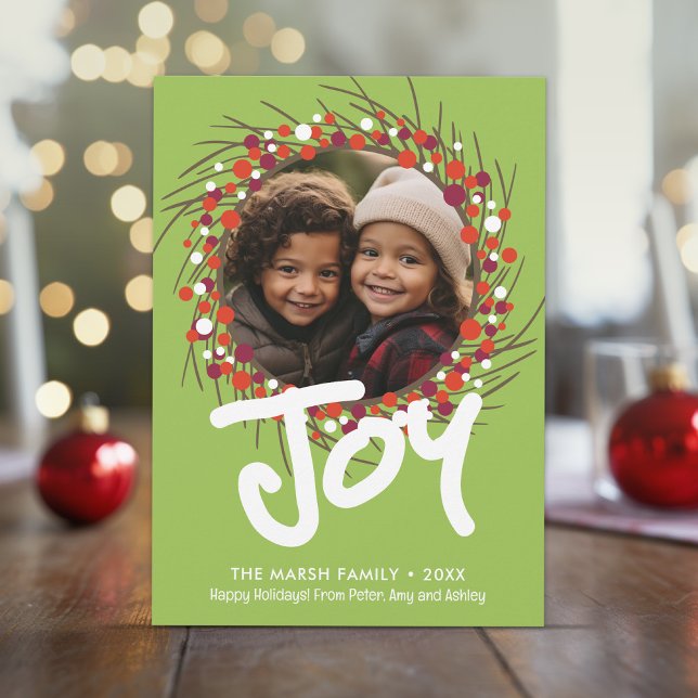 Photo with Farmhouse Berry Wreath - Joy Red Green Holiday Card (Unique online Christmas Card with 1 photo and a whimsical wreath border)