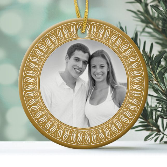 Photo with gold filigree border ceramic ornament (Personalized Christmas Photo Ornament)