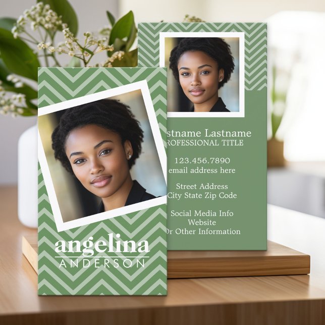 Photo with Green Chevron Pattern Custom Name Business Card (Custom Business Cards)