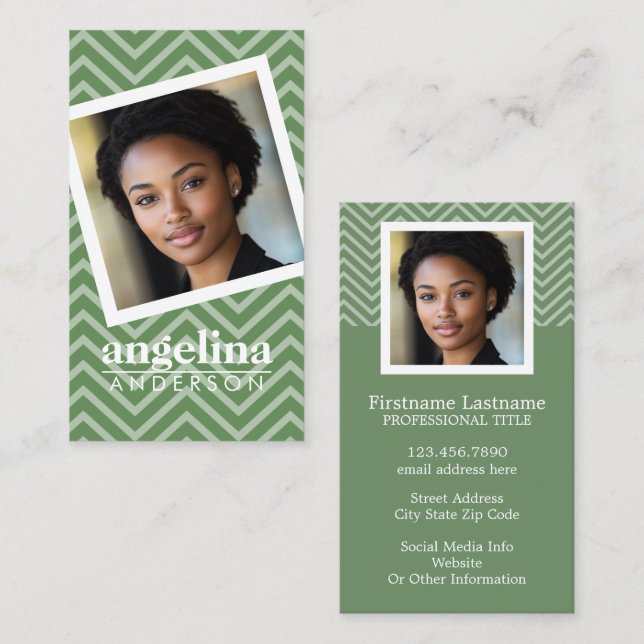 Photo with Green Chevron Pattern Custom Name Business Card (Front/Back)