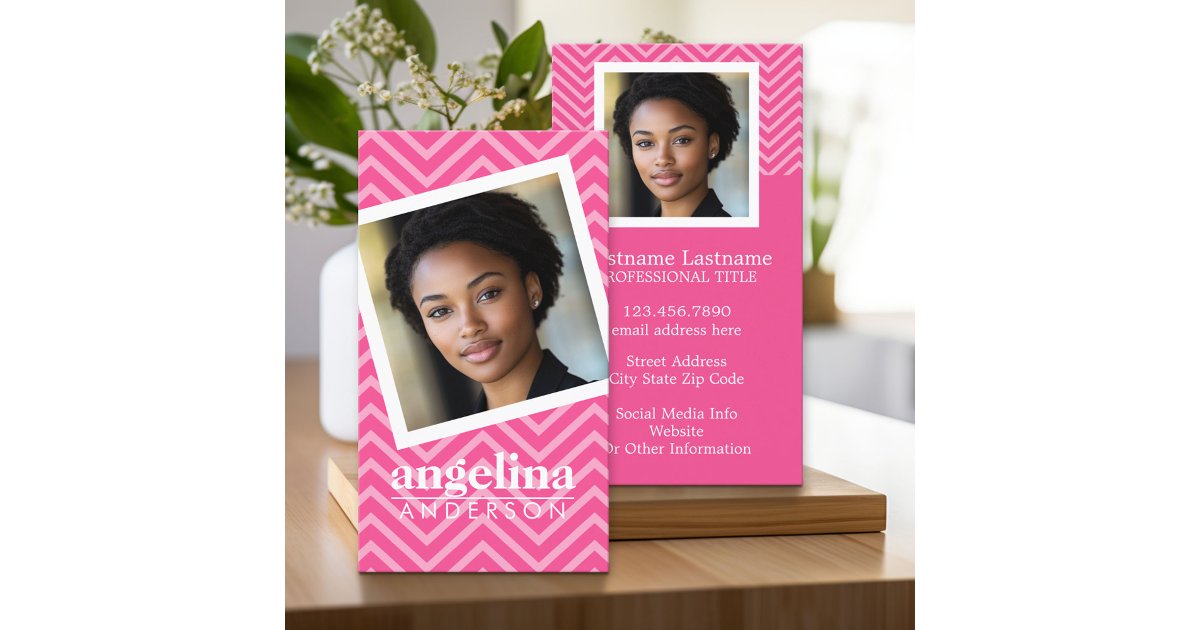 Photo with Hot Pink Chevron Pattern Custom Name Business Card | Zazzle
