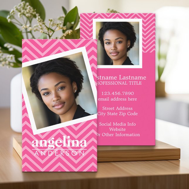 Photo with Hot Pink Chevron Pattern Custom Name Business Card (Custom Business Cards)