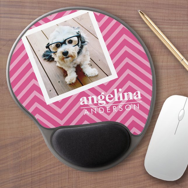Photo with Hot Pink Chevron Pattern Custom Name Gel Mouse Pad (Personalized mouse pad with custom text)