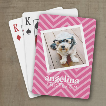 Photo With Hot Pink Chevron Pattern Custom Name Playing Cards by iphone_ipad_cases at Zazzle