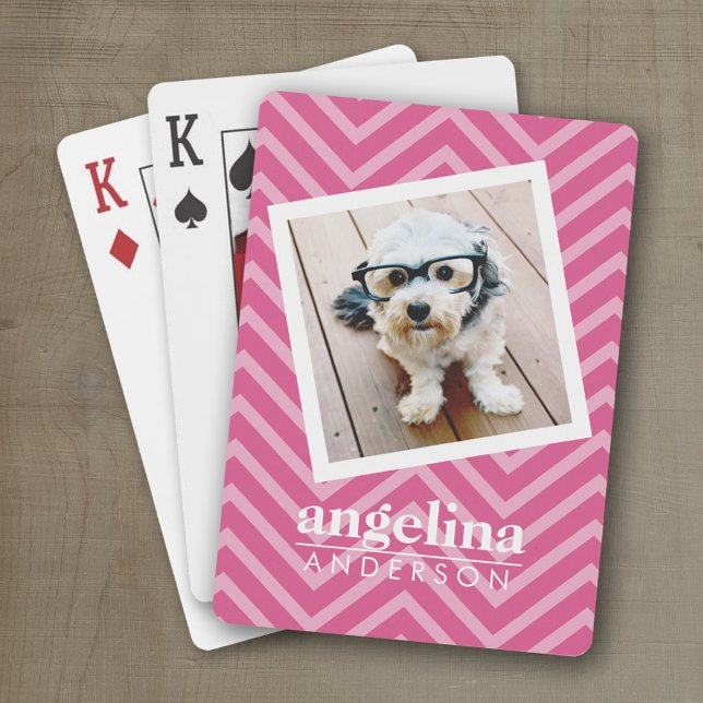 Photo with Hot Pink Chevron Pattern Custom Name Poker Cards (Personalized playing cards)