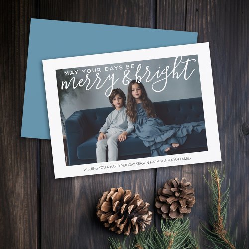 Photo with huge Merry and Bright _ pastel blue Holiday Card