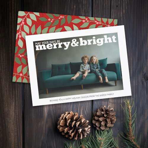 Photo with huge Merry  Bright _ botanical back Holiday Card