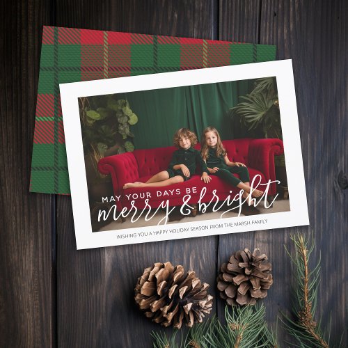 Photo with huge Merry  Bright _ Red Green Plaid Holiday Card