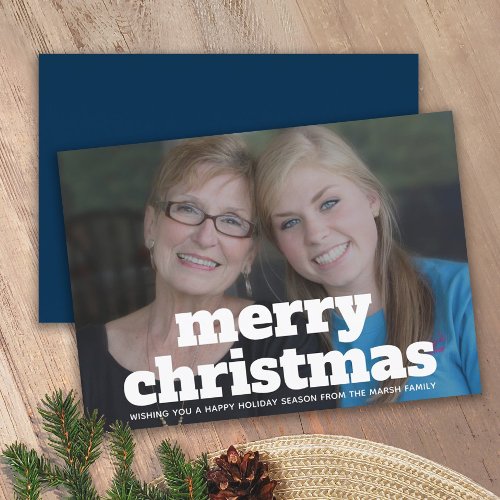 Photo with huge MERRY Christmas _ navy blue Holiday Card