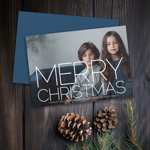 Photo with huge Merry Christmas _ navy blue Holiday Card