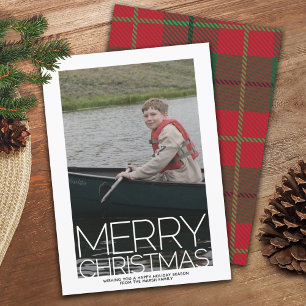 Photo with huge MERRY CHRISTMAS Red Green Plaid Holiday Card