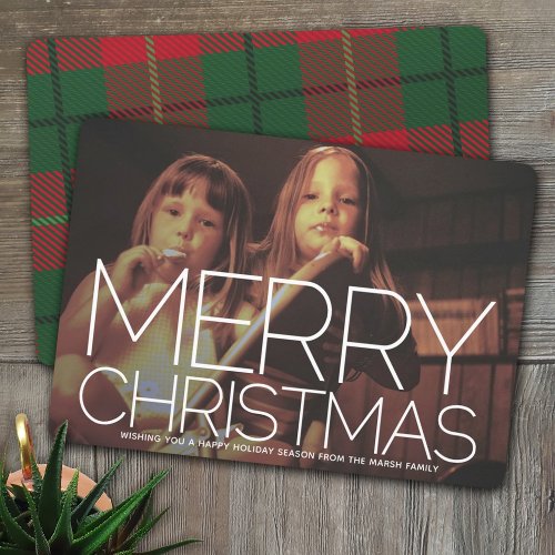 Photo with huge MERRY CHRISTMAS Red Green Plaid Holiday Card