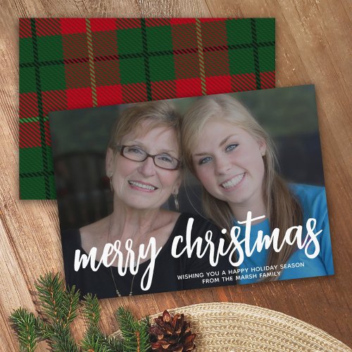 Photo with huge MERRY Christmas  _ Red Green Plaid Holiday Card