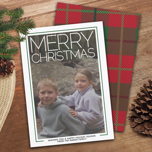 Photo with huge MERRY CHRISTMAS Red Green Plaid Holiday Card