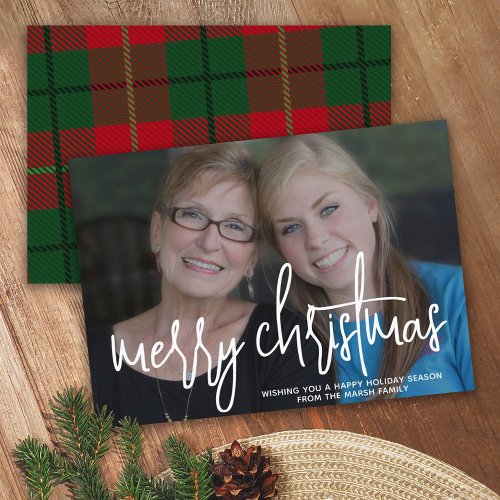 Photo with huge MERRY Christmas  _ Red Green Plaid Holiday Card