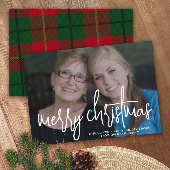 Photo with huge MERRY Christmas  - Red Green Plaid Holiday Card (Creator Uploaded)