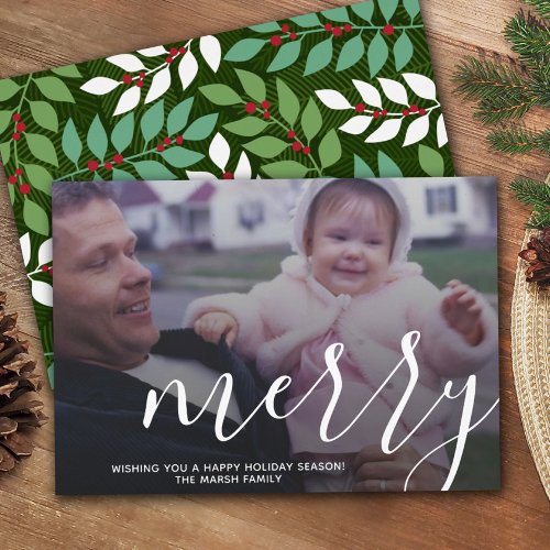 Photo with huge MERRY script white overlay _ green Holiday Card