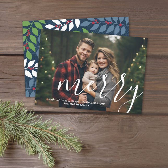 Photo with huge MERRY script white overlay - navy Holiday Card (Online Christmas Card, 1 Photo, Large Bounce Calligraphy, Botanical Back)