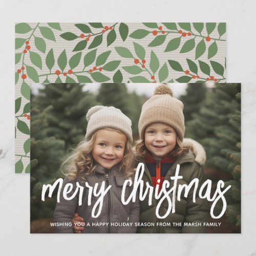 Photo with huge MERRY script white overlay - taupe Holiday Card